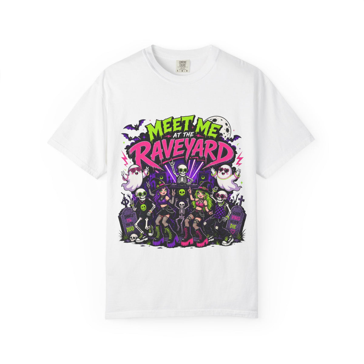A white short-sleeve crewneck t-shirt featuring a colorful graphic print on the front with the text 'MEET ME AT THE RAVEYARD' and a group of cartoon-style gothic characters.