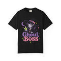 A black short-sleeve crewneck t-shirt featuring a colorful graphic of a cute anime-style witch girl with the text 'Ghoul BOSS' in purple and pink.