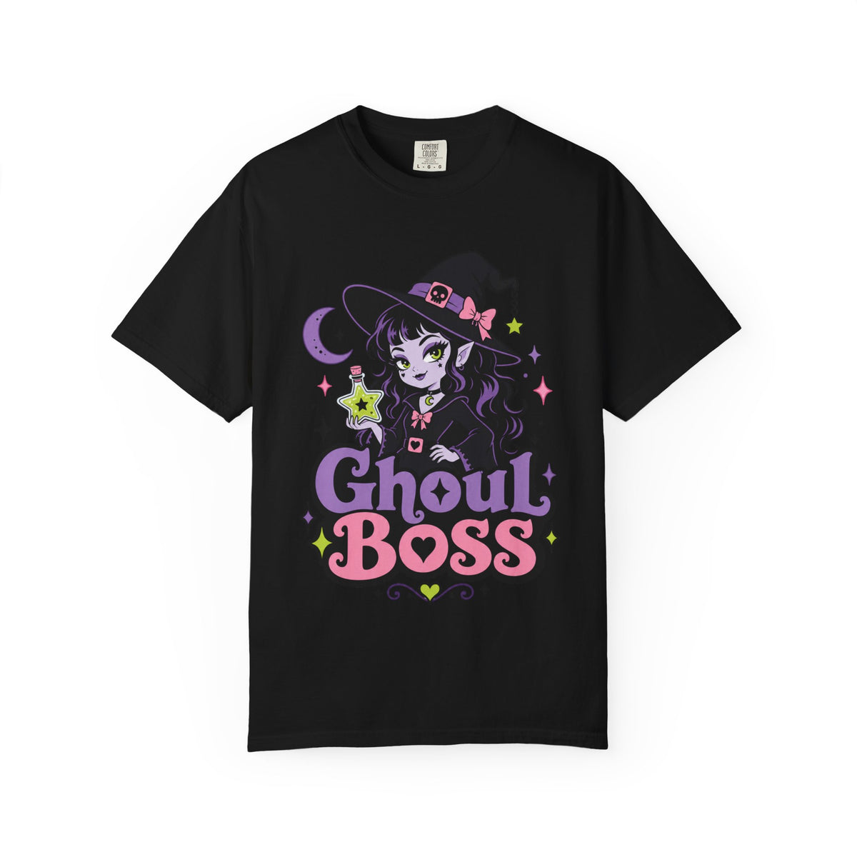 A black short-sleeve crewneck t-shirt featuring a colorful graphic of a cute anime-style witch girl with the text 'Ghoul BOSS' in purple and pink.