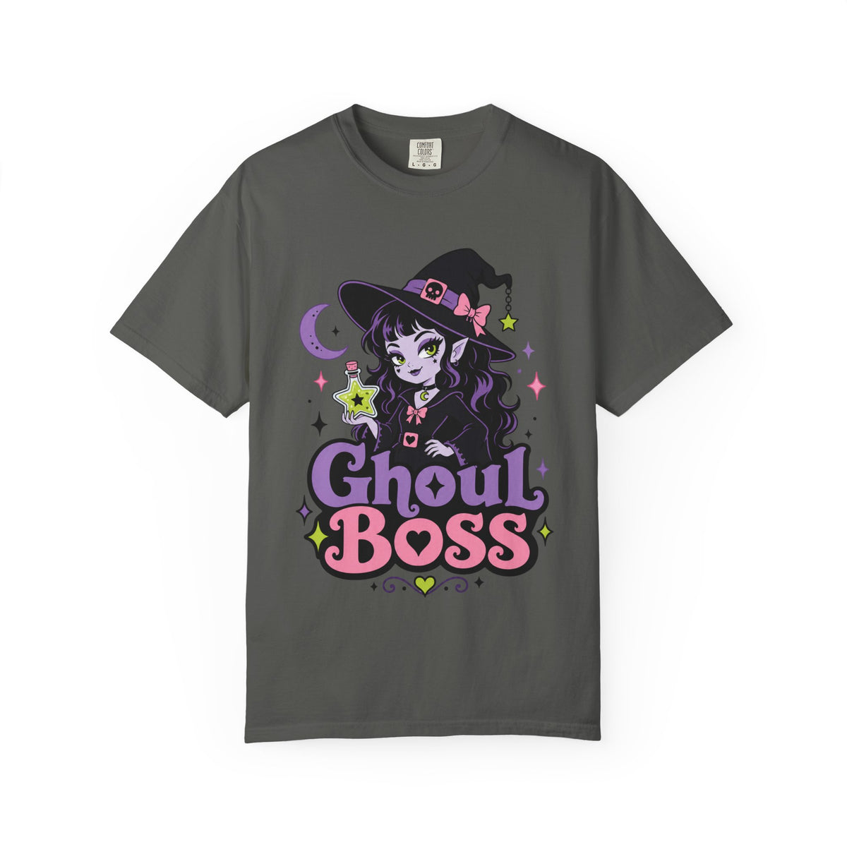 A dark gray short-sleeve crewneck t-shirt featuring a colorful graphic of a cute anime-style witch girl with the text 'Ghoul BOSS' in purple and pink.