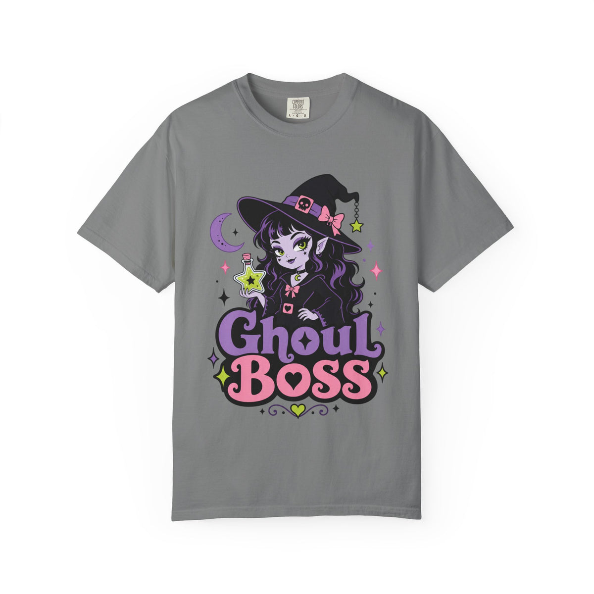 A gray short-sleeve crewneck t-shirt featuring a colorful graphic of a cute anime-style witch girl with the text 'Ghoul BOSS' in purple and pink.