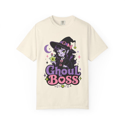A off-white short-sleeve crewneck t-shirt featuring a colorful graphic of a cute anime-style witch girl with the text 'Ghoul BOSS' in purple and pink.
