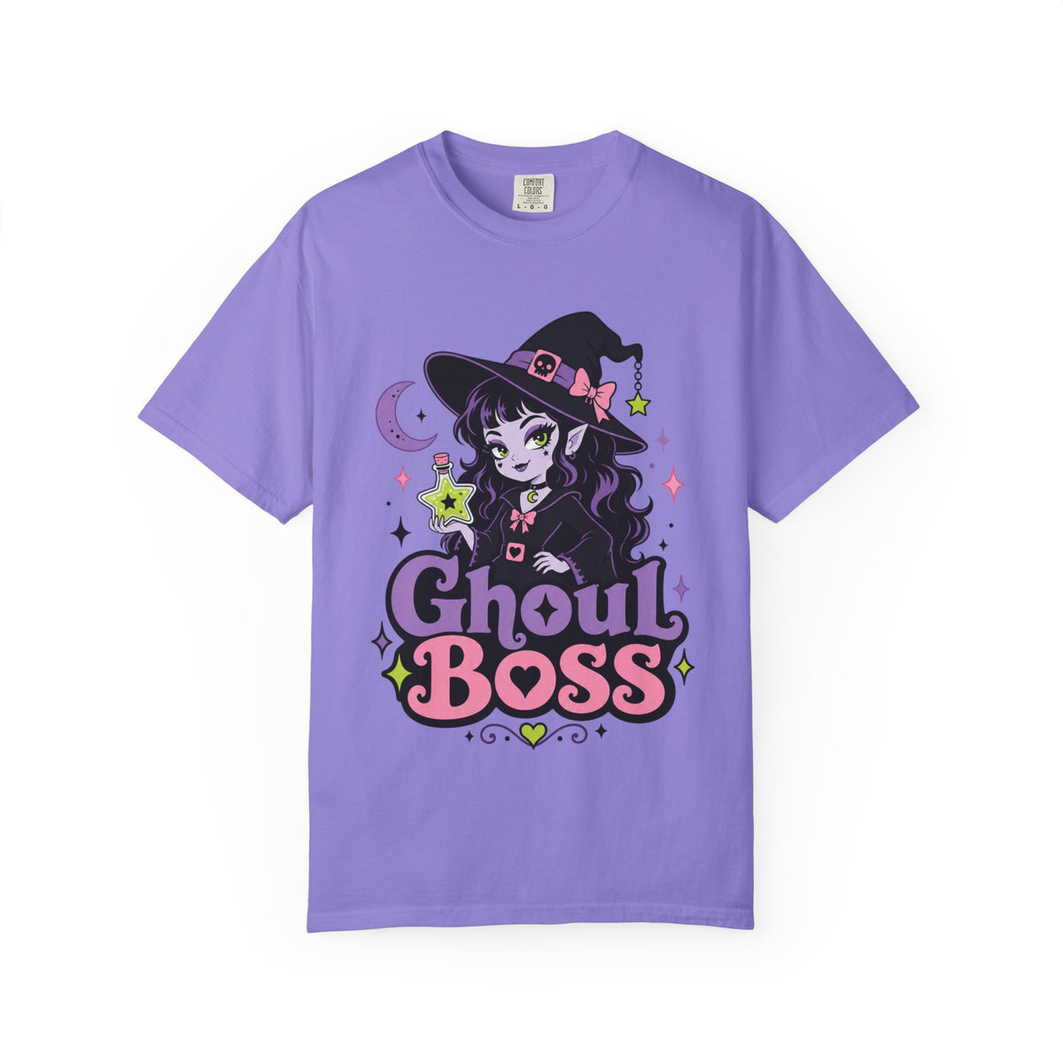 A purple short-sleeve crewneck t-shirt featuring a colorful graphic of a cute anime-style witch girl with the text 'Ghoul BOSS' in purple and pink.