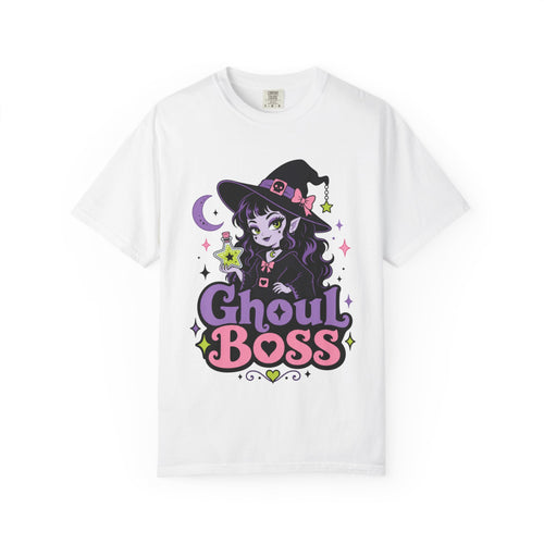 A white short-sleeve crewneck t-shirt featuring a colorful graphic of a cute anime-style witch girl with the text 'Ghoul BOSS' in purple and pink.