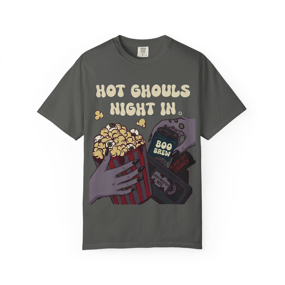 A dark gray crewneck t-shirt featuring a graphic print of hands holding a bucket of popcorn, soda and a cassette tape beneath the text 'HOT GHOULS NIGHT IN'.