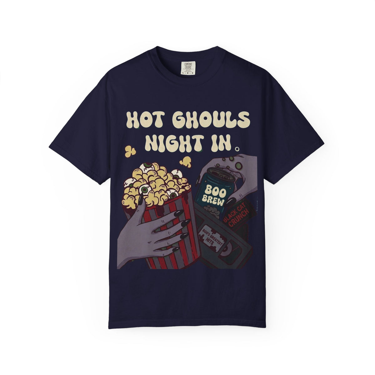 A navy blue crewneck t-shirt featuring a graphic print of hands holding a bucket of popcorn, soda and a cassette tape beneath the text 'HOT GHOULS NIGHT IN'.
