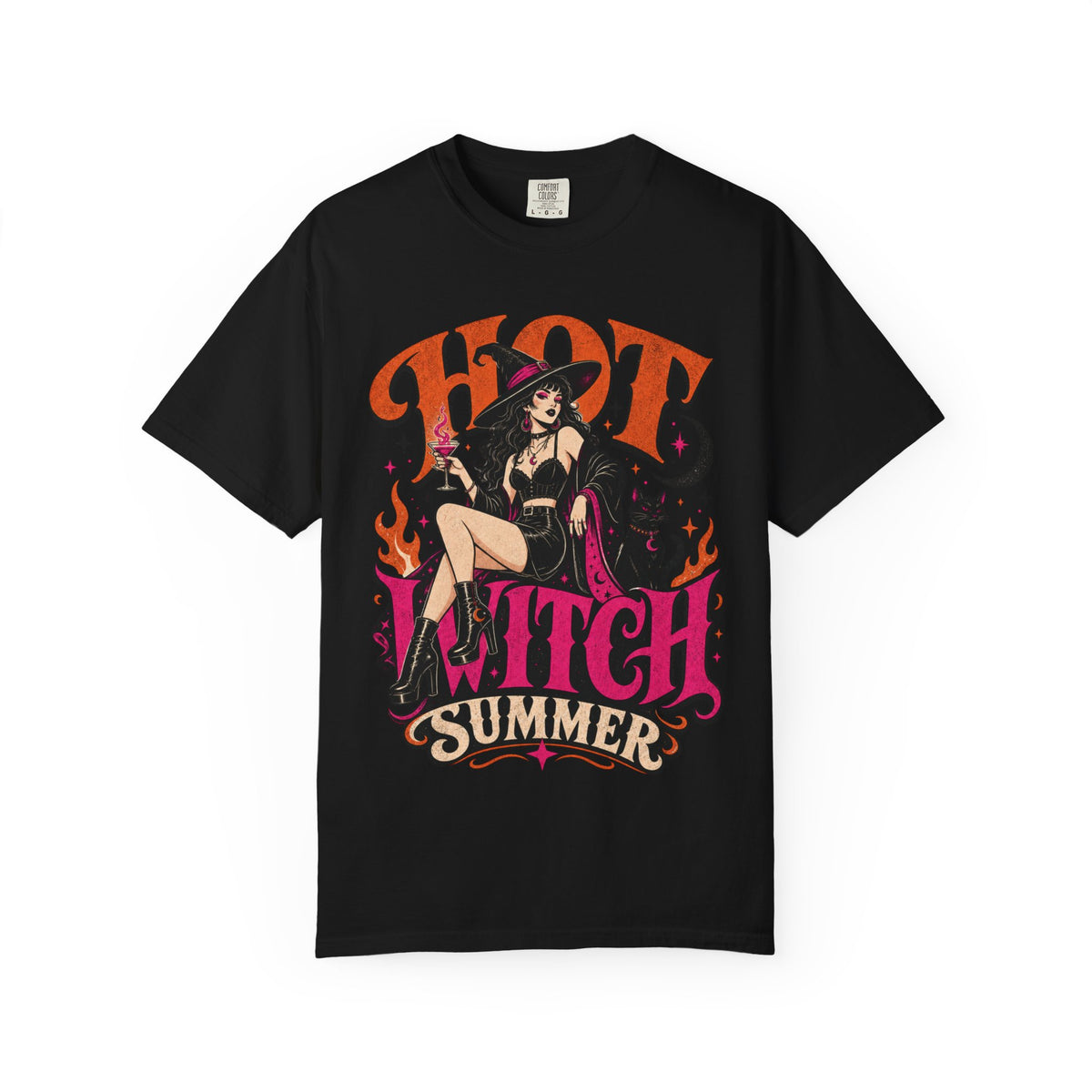A black short-sleeve crewneck t-shirt featuring a colorful graphic print of a witch sitting on a chair with the text 'HOT WITCH SUMMER' in stylized orange and pink lettering.