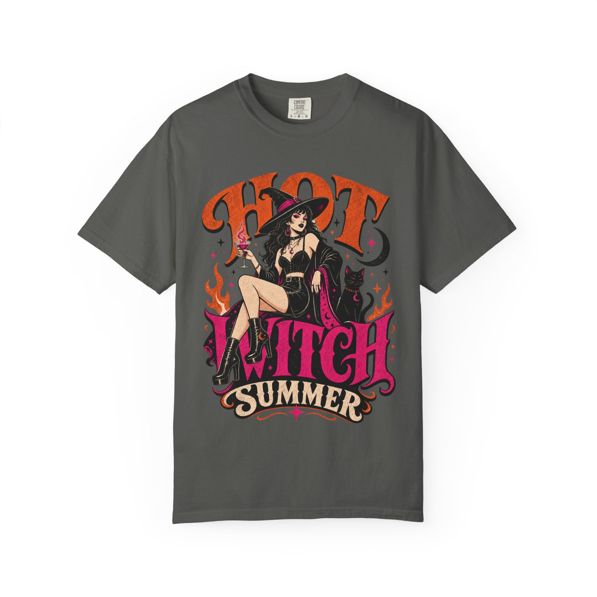 A dark gray short-sleeve crewneck t-shirt featuring a colorful graphic print of a witch sitting on a chair with the text 'HOT WITCH SUMMER' in stylized orange and pink lettering.