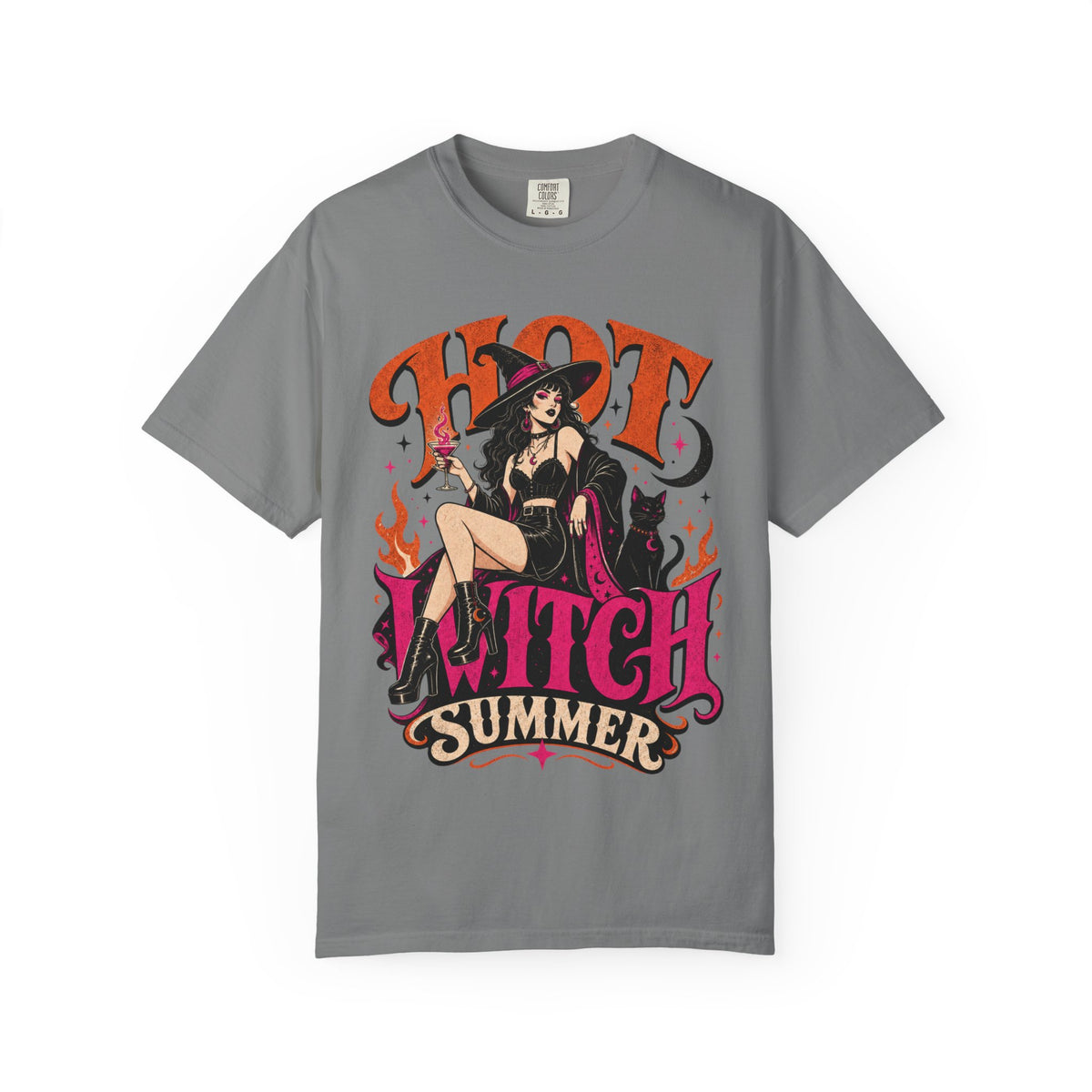 A gray short-sleeve crewneck t-shirt featuring a colorful graphic print of a witch sitting on a chair with the text 'HOT WITCH SUMMER' in stylized orange and pink lettering.