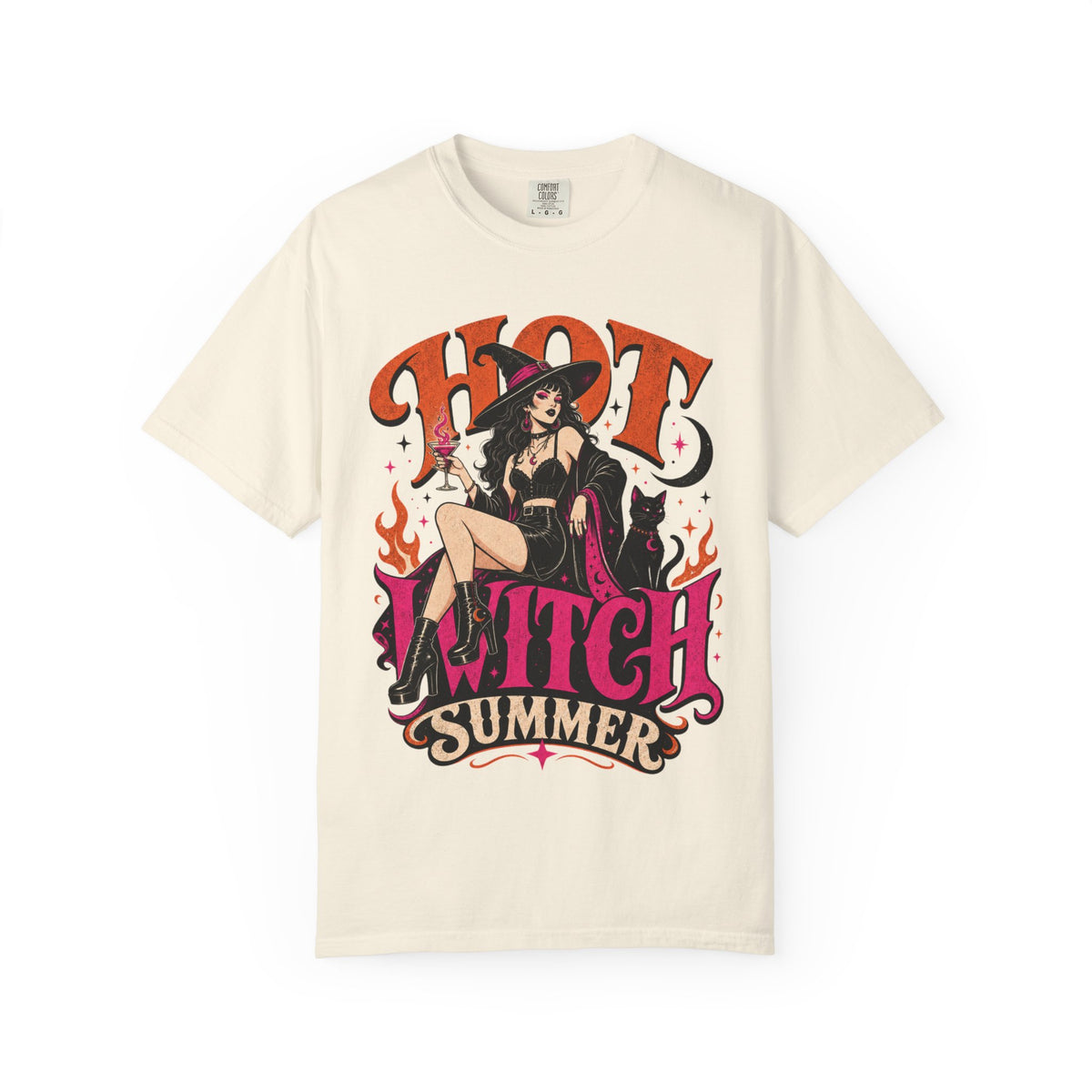 A off-white short-sleeve crewneck t-shirt featuring a colorful graphic print of a witch sitting on a chair with the text 'HOT WITCH SUMMER' in stylized orange and pink lettering.