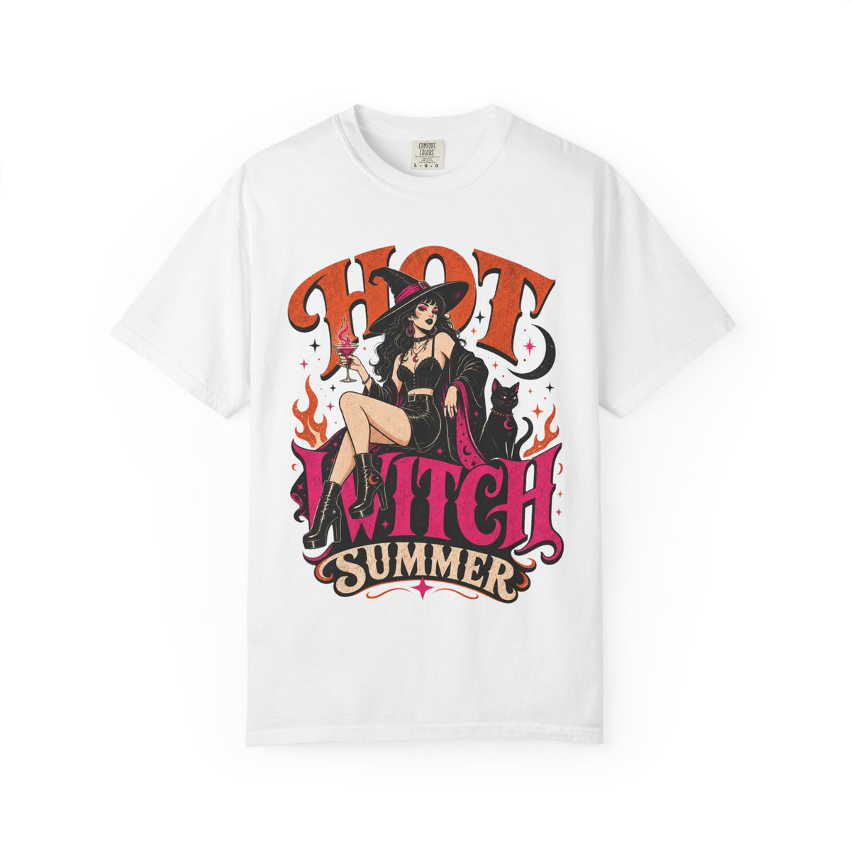 A white short-sleeve crewneck t-shirt featuring a colorful graphic print of a witch sitting on a chair with the text 'HOT WITCH SUMMER' in stylized orange and pink lettering.