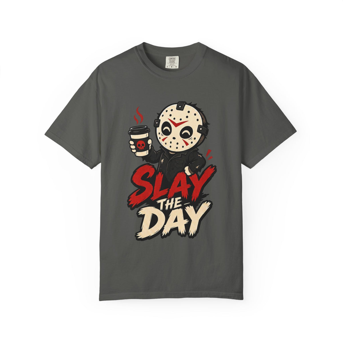 A dark gray short-sleeve crewneck t-shirt featuring a graphic print of a cute halloween character holding a coffee cup with the text 'SLAY THE DAY' in red and beige lettering.
