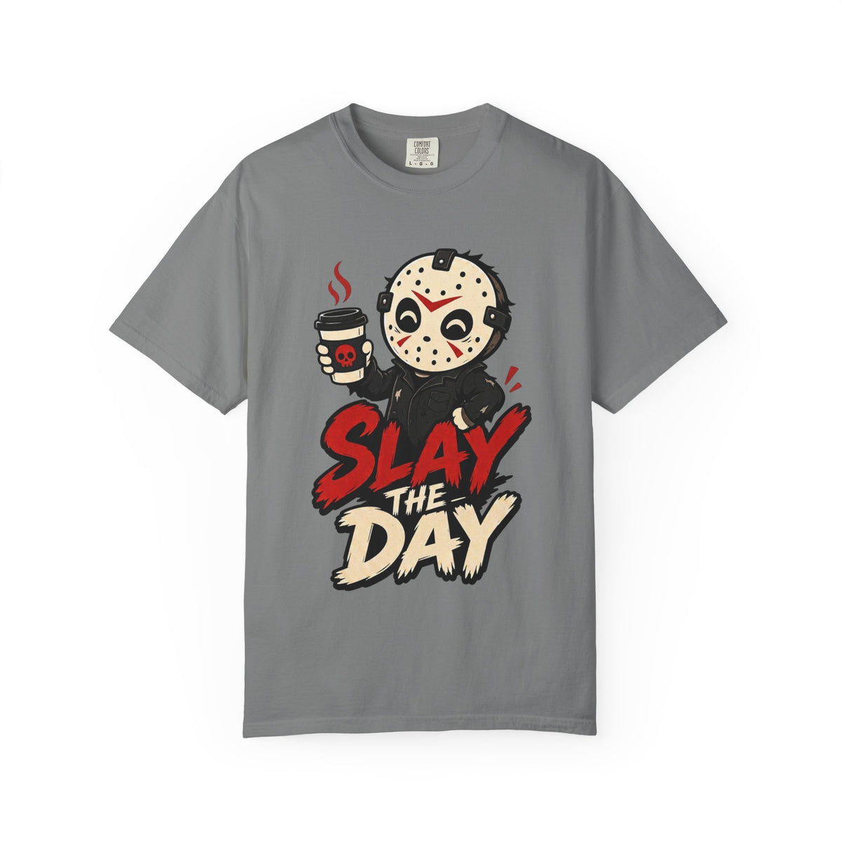 A gray short-sleeve crewneck t-shirt featuring a graphic print of a cute halloween character holding a coffee cup with the text 'SLAY THE DAY' in red and beige lettering.