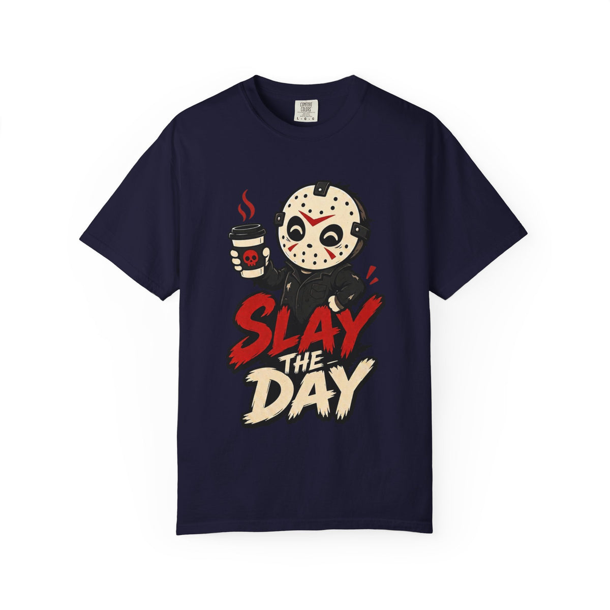 A navy short-sleeve crewneck t-shirt featuring a graphic print of a cute halloween character holding a coffee cup with the text 'SLAY THE DAY' in red and beige lettering.