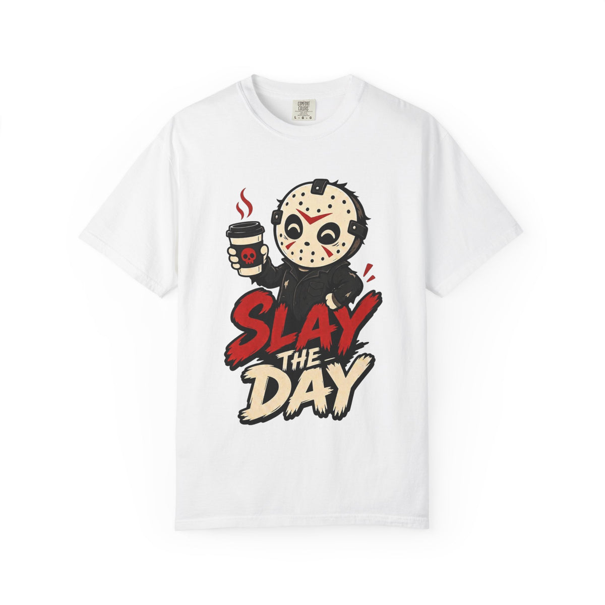 A white short-sleeve crewneck t-shirt featuring a graphic print of a cute halloween character holding a coffee cup with the text 'SLAY THE DAY' in red and beige lettering.