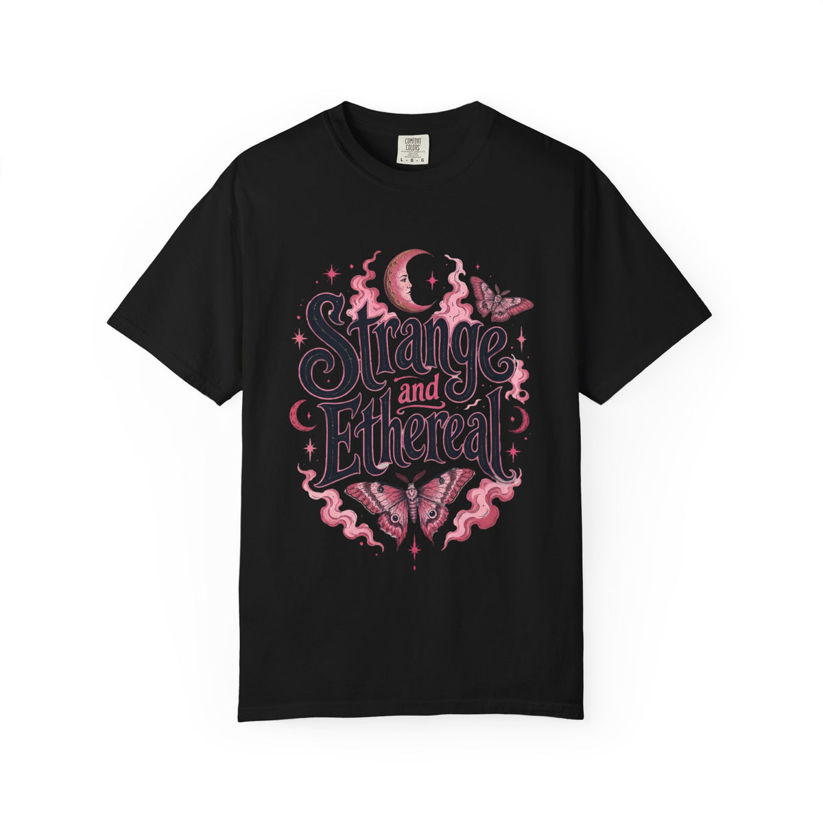 A black short-sleeve crewneck t-shirt featuring a central graphic with the words 'Strange and Ethereal' in a dark gothic font, surrounded by pink and red butterflies, crescent moons, and sparkles.