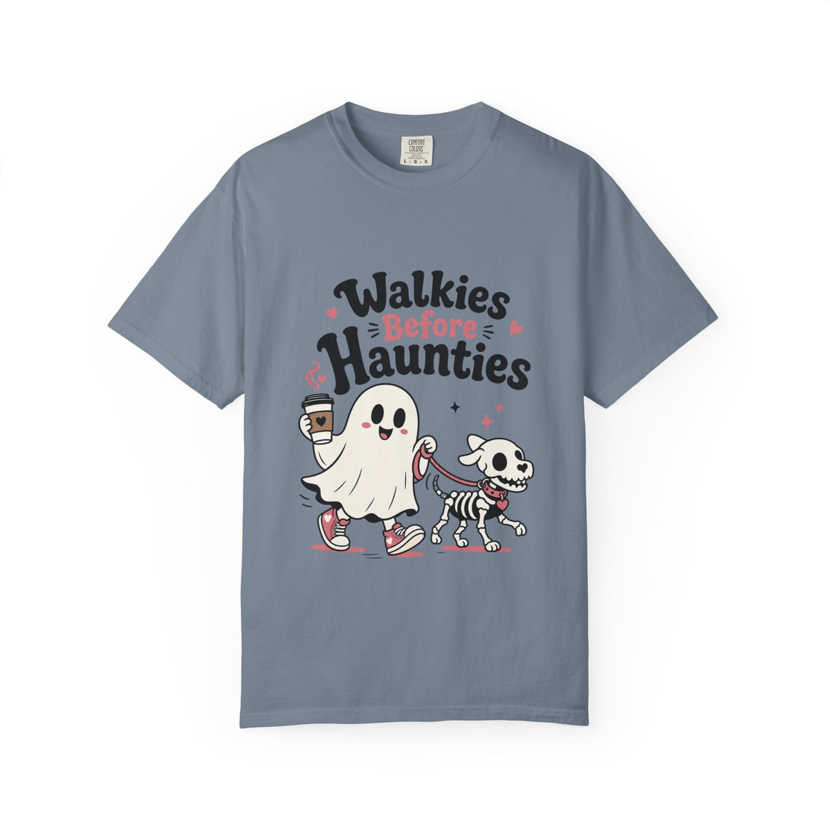 A dark blue short-sleeve crewneck t-shirt featuring a cute graphic print of a cartoon ghost and a skeleton dog walking together, with the text 'Walkies Before Haunties' above them.