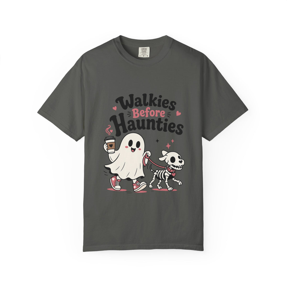 A dark gray short-sleeve crewneck t-shirt featuring a cute graphic print of a cartoon ghost and a skeleton dog walking together, with the text 'Walkies Before Haunties' above them.