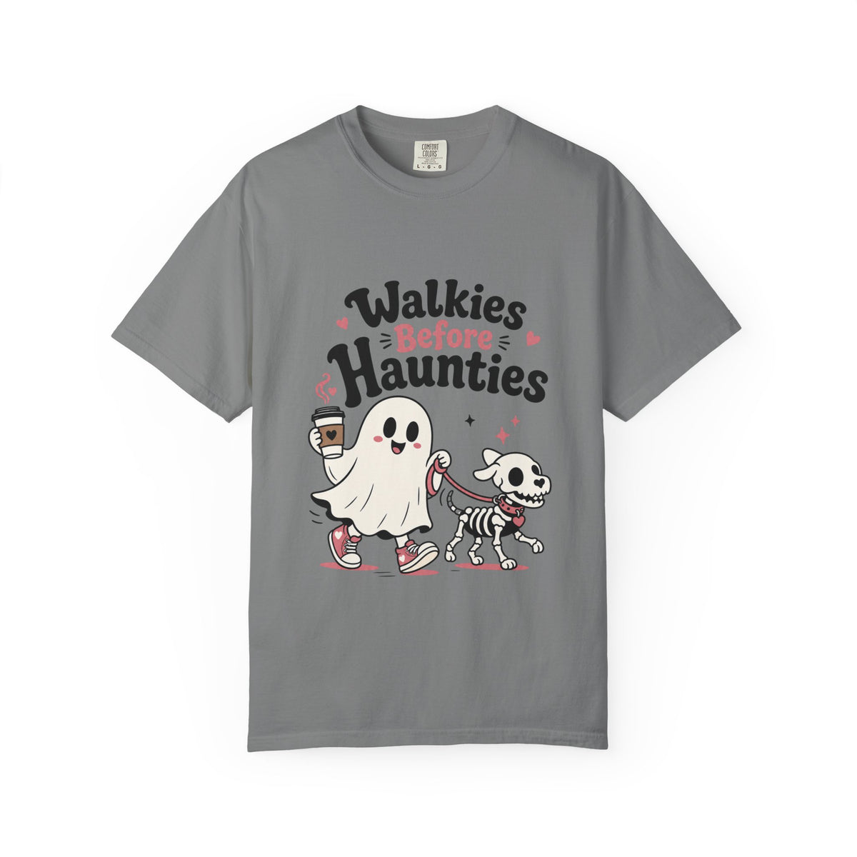 A gray short-sleeve crewneck t-shirt featuring a cute graphic print of a cartoon ghost and a skeleton dog walking together, with the text 'Walkies Before Haunties' above them.