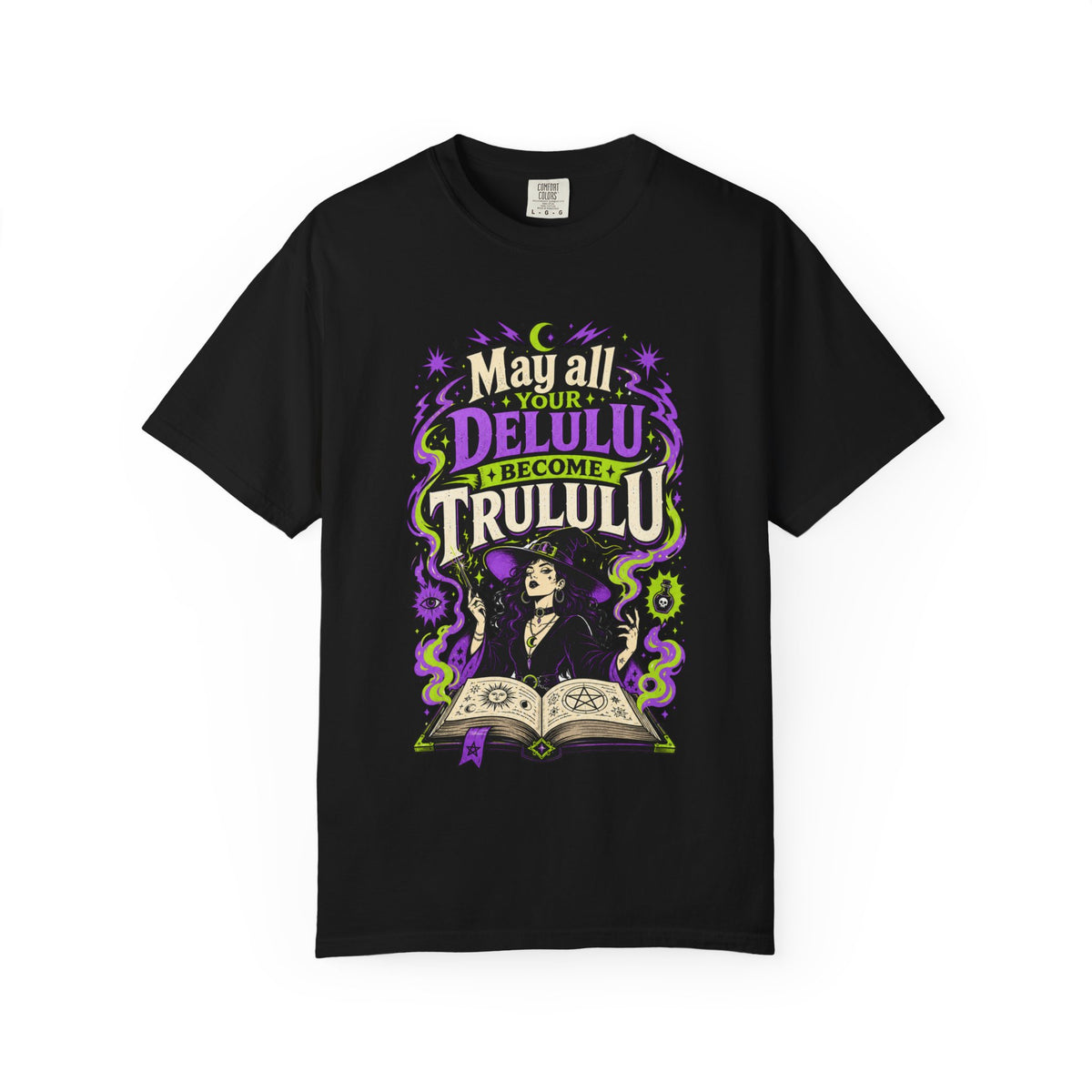 A black short-sleeve crewneck t-shirt featuring a central graphic with the words 'Strange and Ethereal' in a dark gothic font, surrounded by pink and red butterflies, crescent moons, and sparkles.
