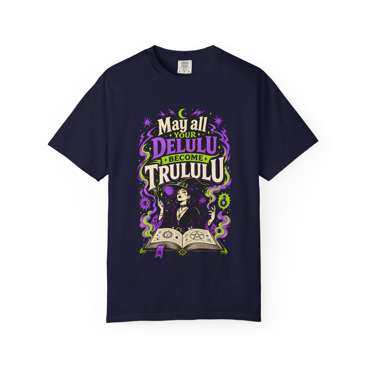 A navy blue short-sleeve crewneck t-shirt featuring a central graphic with the words 'Strange and Ethereal' in a dark gothic font, surrounded by pink and red butterflies, crescent moons, and sparkles.