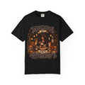 A black short-sleeve crewneck t-shirt featuring a large, detailed graphic that depicts a witch surrounded by autumn elements like foxes, a cat, pumpkins, and lanterns, with the text 'MINDING MY OWN WITCHCRAFT' in a stylized font.